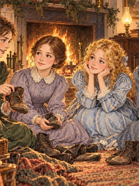Illustration from Little Women: “Christmas won’t be Christmas without any presents,” grumbled Jo by the fire, and her sisters sighed over their old dresses and their one dollar each.