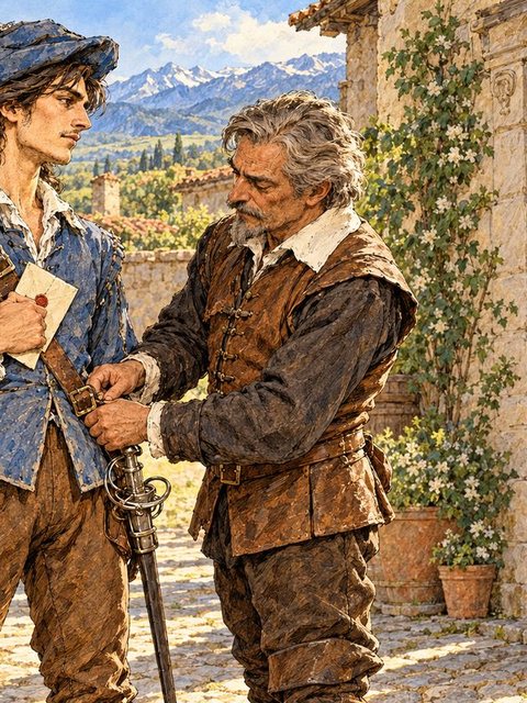 Illustration from The Three Musketeers: In April 1625, young d'Artagnan left his Gascon home with his father's three gifts: fifteen crowns, an old yellow pony and a letter to Monsieur de Tréville, captain of the King's Musketeers.