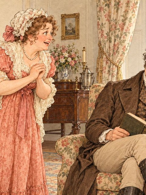 Illustration from Pride and Prejudice: It is a truth universally acknowledged, that a single man in possession of a good fortune must be in want of a wife.