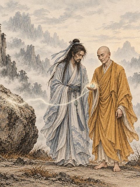 Illustration from Dream of the Red Chamber: When the goddess Nüwa mended the sky, she forged 36,501 stones and used all but one, leaving it at Greensickness Peak.