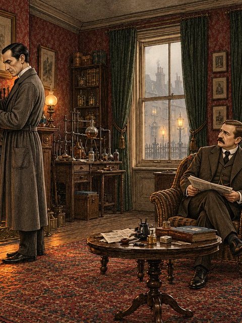 Illustration from The Sign of the Four: In our rooms at Baker Street, Sherlock Holmes took his bottle and his neat morocco case from the corner of the mantelpiece.