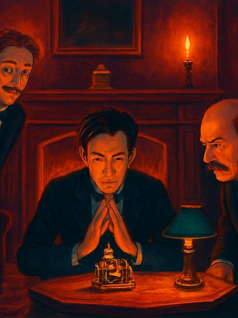 Illustration from The Time Machine: One Thursday evening in his house at Richmond, the Time Traveller set a small table before the fire and placed on it a glittering framework of brass, ivory and crystal, scarcely bigger than a clock.