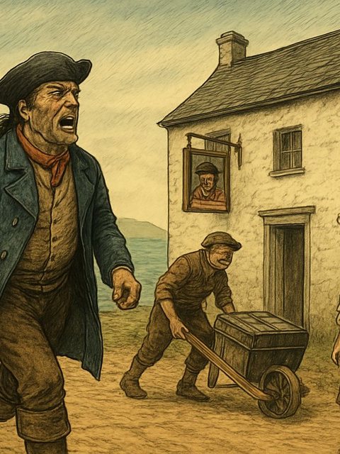 Illustration from Treasure Island: Long ago, when my father kept the Admiral Benbow inn, a scarred old seaman came plodding to our door, his sea-chest trundling behind.