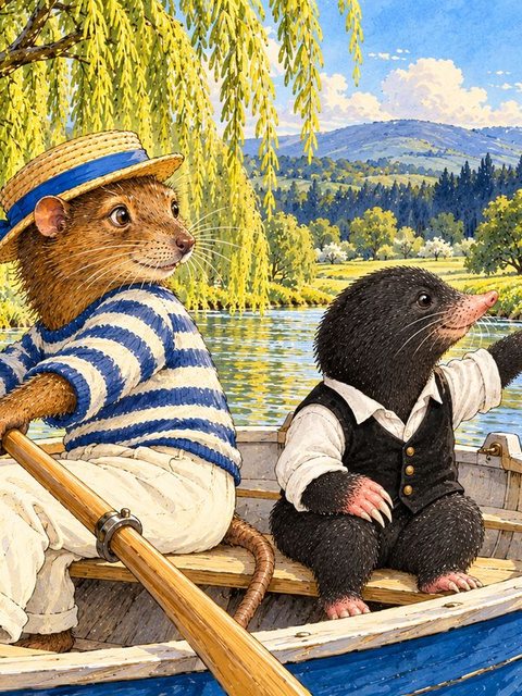 Illustration from The Wind in the Willows: Mole had spring-cleaned all morning until, with a cry of “Hang spring-cleaning!”, he flung down his whitewash brush and scrabbled up his tunnel.