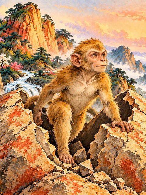 Illustration from Journey to the West: On Flower-Fruit Mountain, a stone had gathered the sun and moon's essence for countless years.